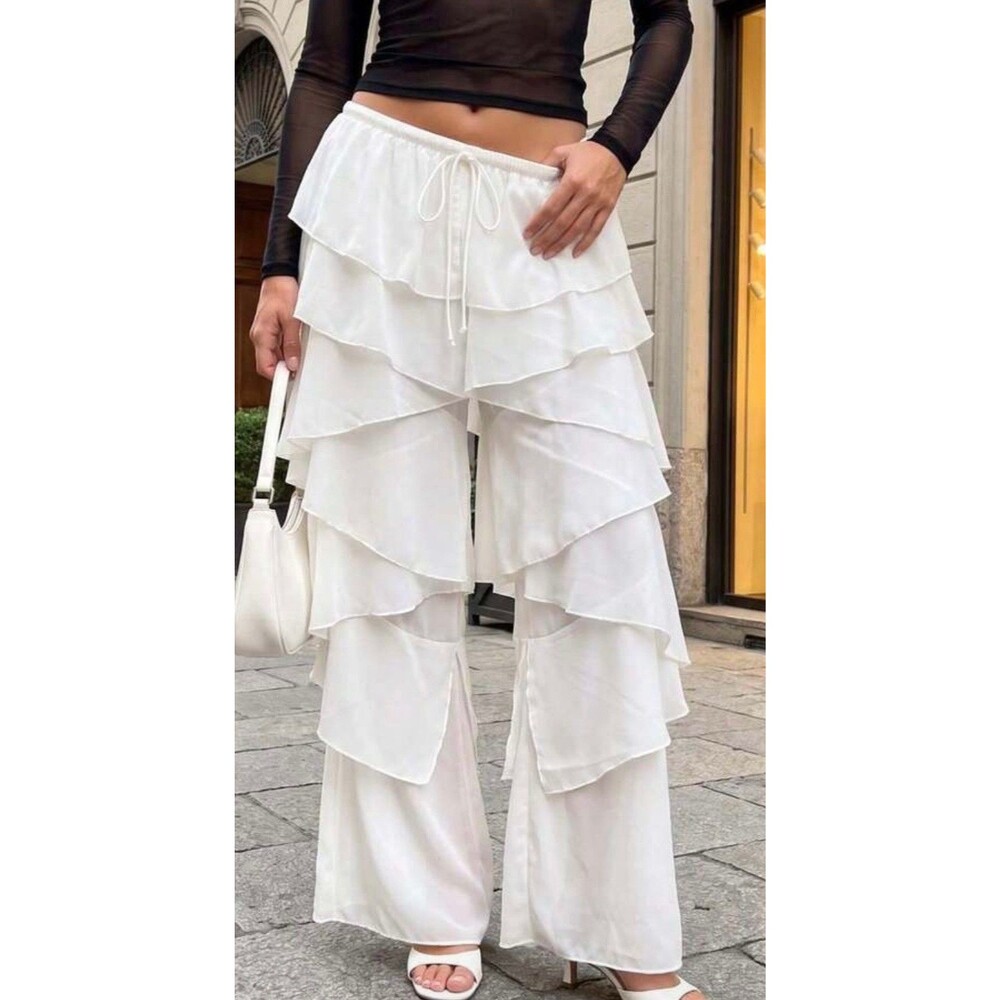 Women's White Tiered Ruffle Wide Leg Pants M Sheer Chiffon Drawstring Boho Beach